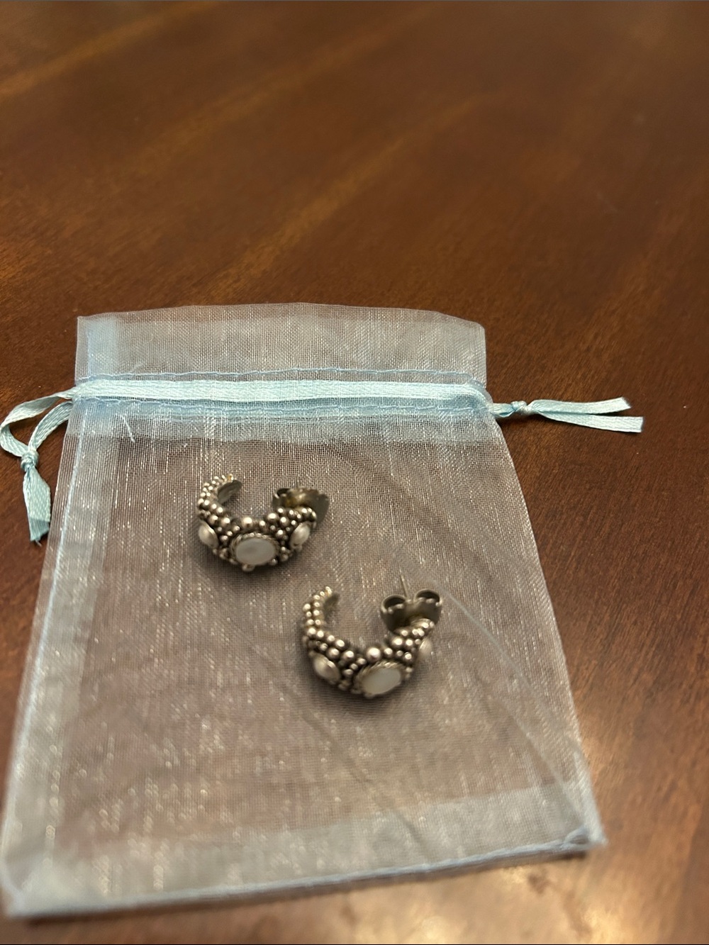 Silver-Tone White Stone Beaded Hoop Earrings